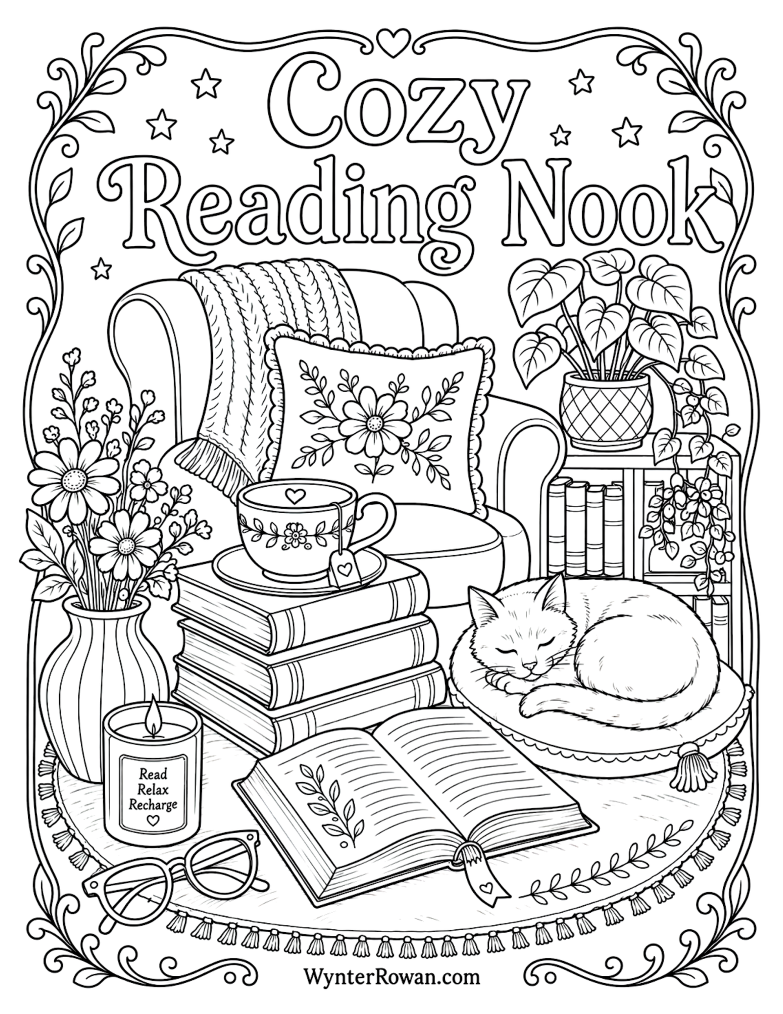 Cozy Reading Nook adult coloring page by Wynter Rowan