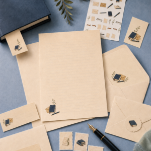 Quiet Correspondence printable stationery arranged on a dusty blue writing desk with letter paper, envelopes, stickers, tags, faux postage, and bookish accessories.
