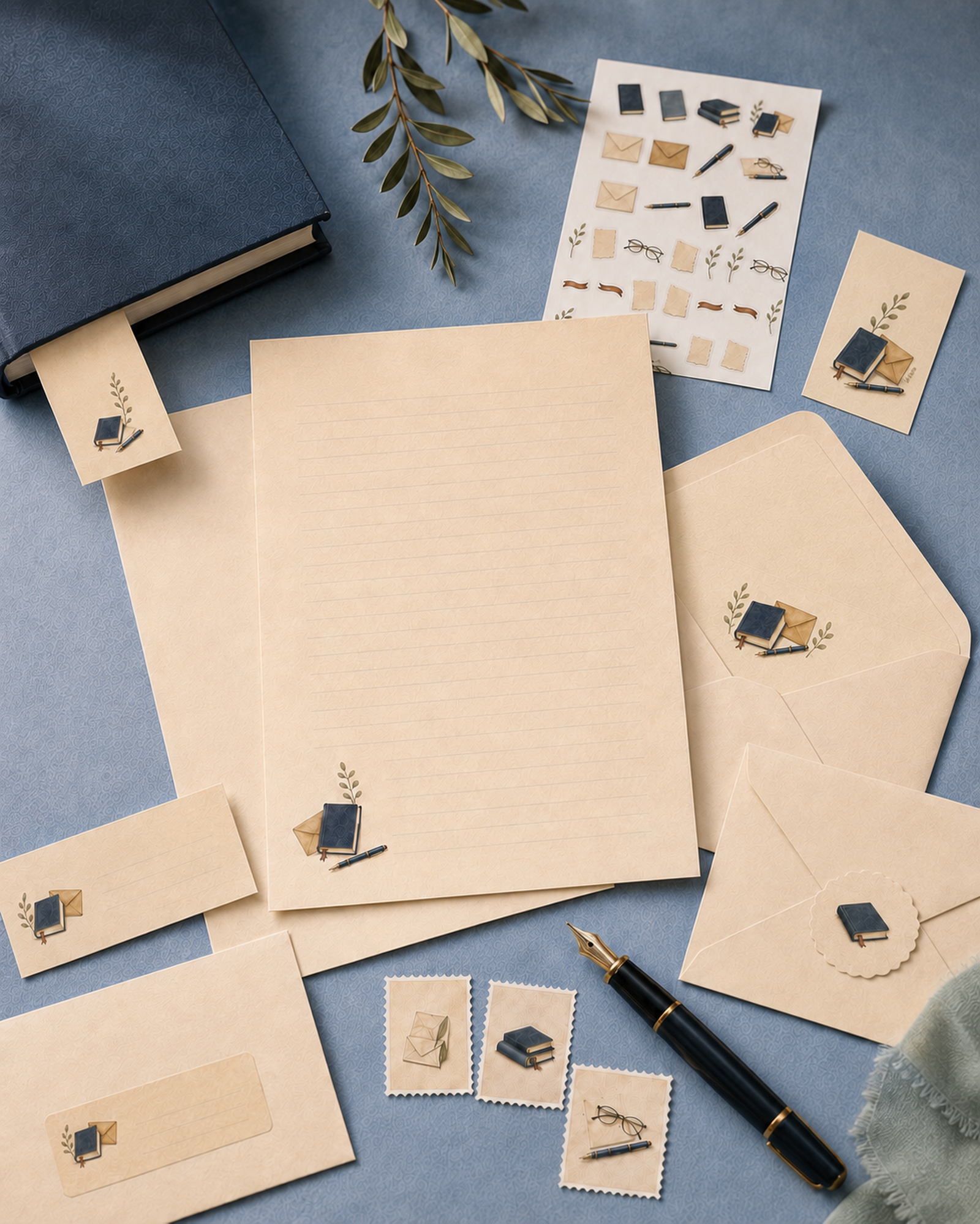 Quiet Correspondence printable stationery arranged on a dusty blue writing desk with letter paper, envelopes, stickers, tags, faux postage, and bookish accessories.
