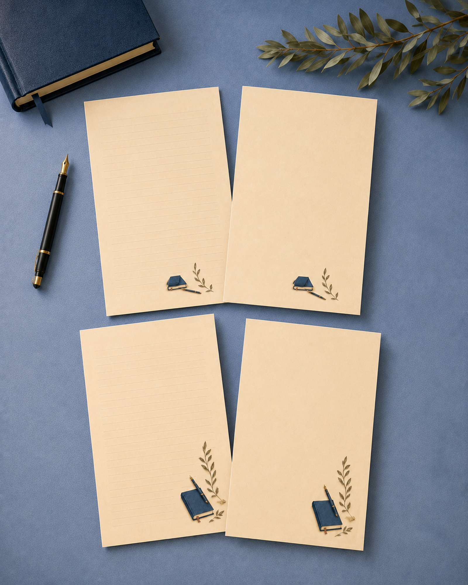 Primary and Alternate Quiet Correspondence US Letter writing paper shown in lined and unlined versions on a dusty blue desk.