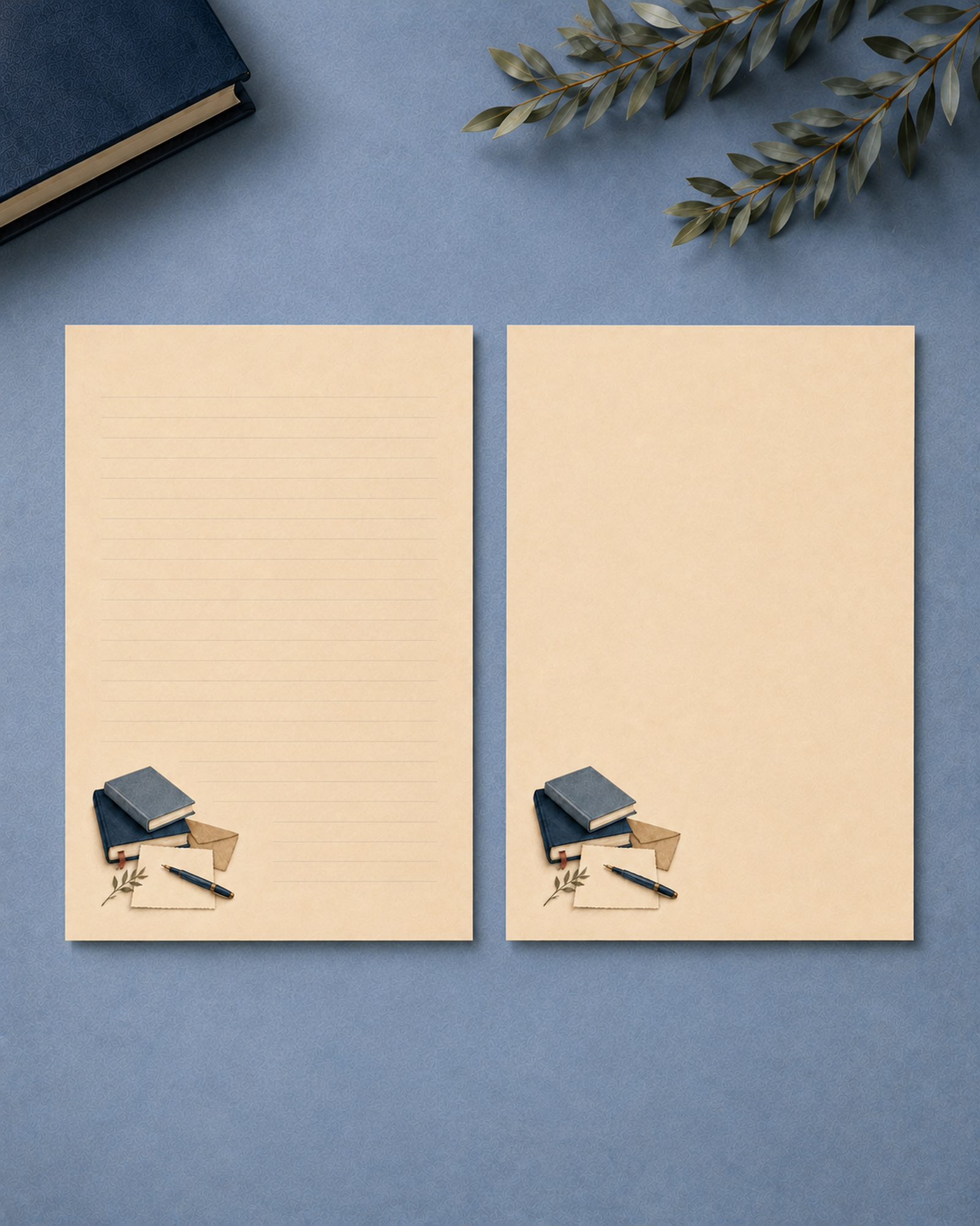 Matching Quiet Correspondence stationery shown side by side in lined and unlined versions with identical bookish corner artwork.