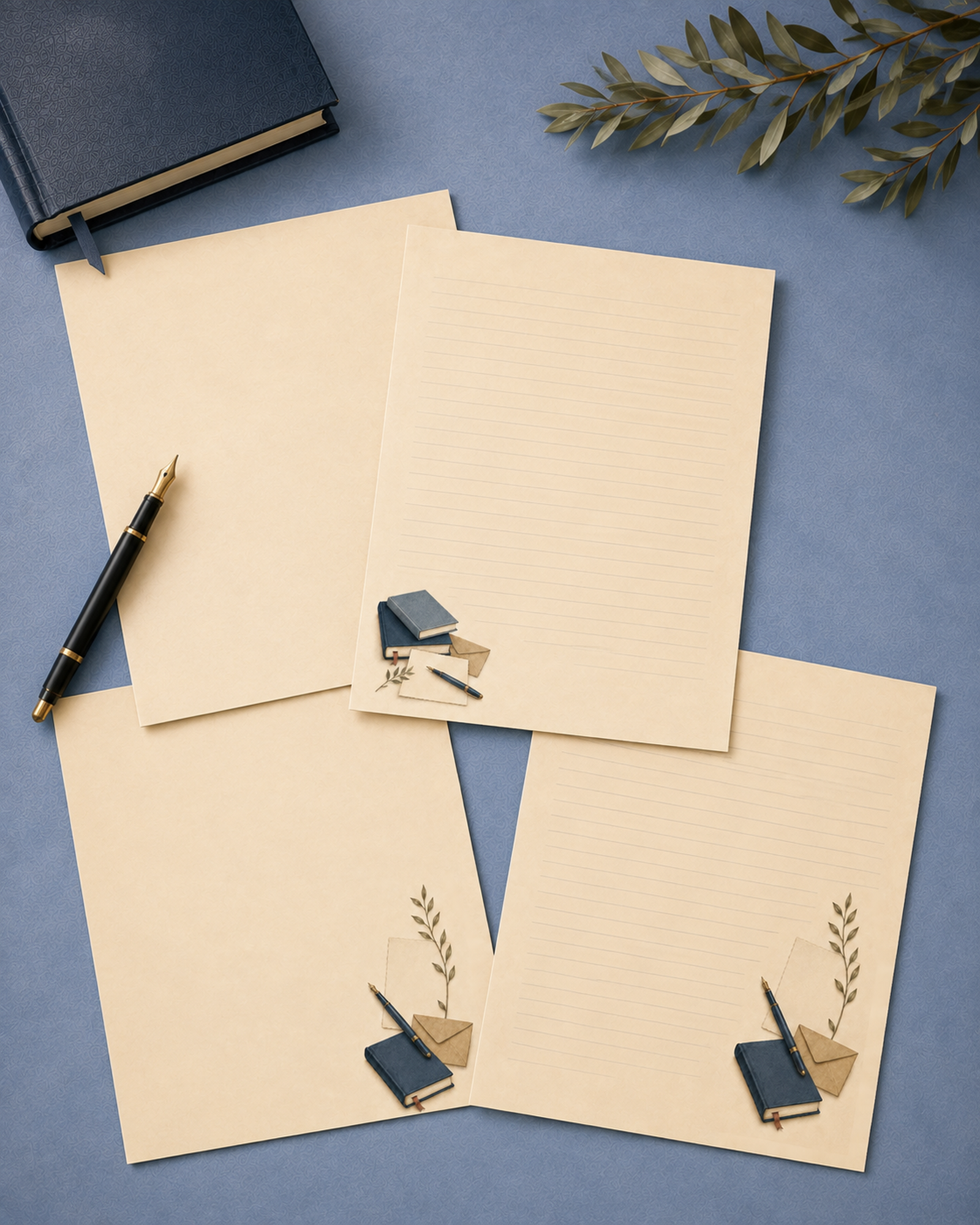 Quiet Correspondence Half-Letter writing paper and writing notepad shown in ruled and unlined versions.