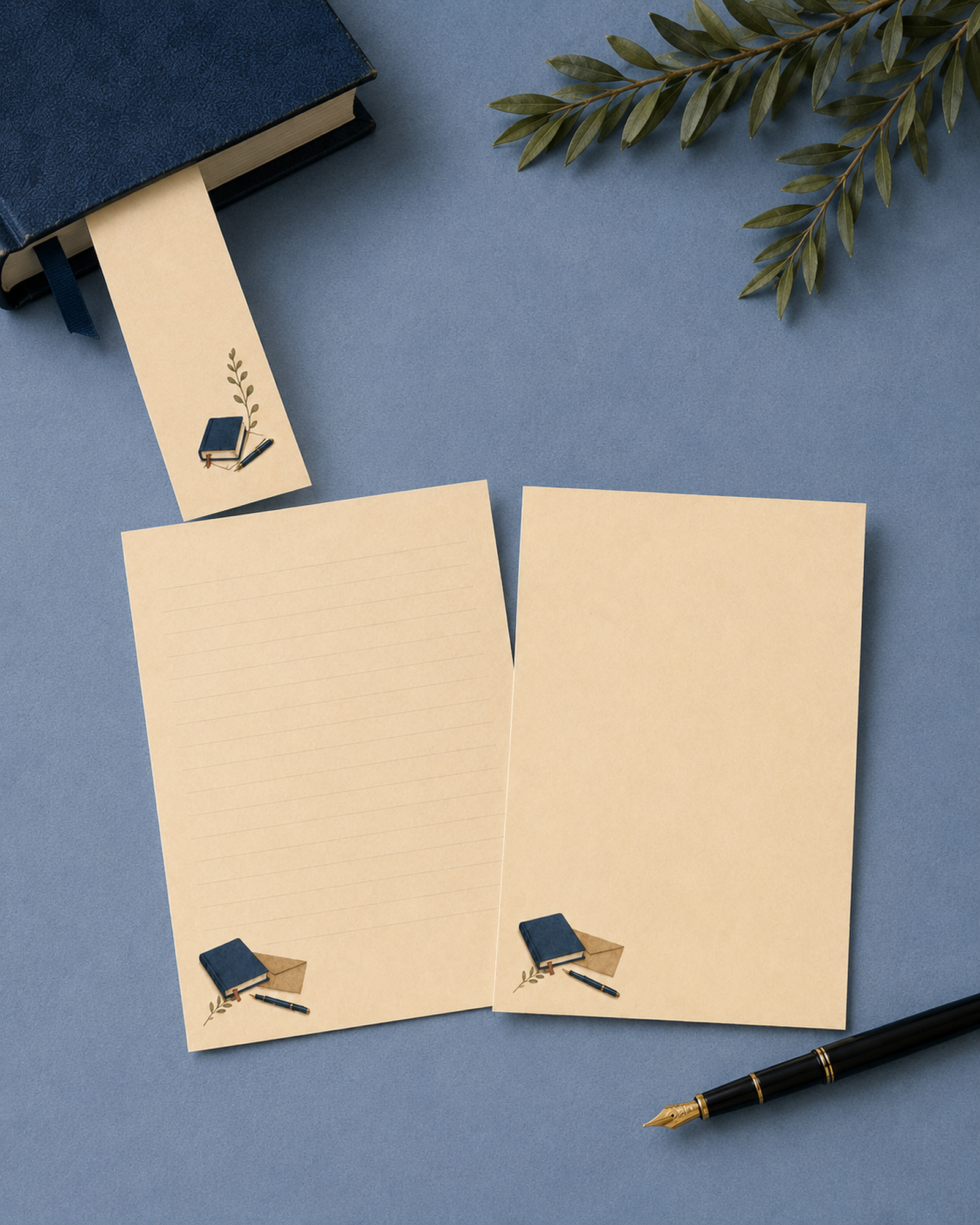 Lined and unlined 5 by 7 Quiet Correspondence note cards with the coordinating narrow bookish bookmark.