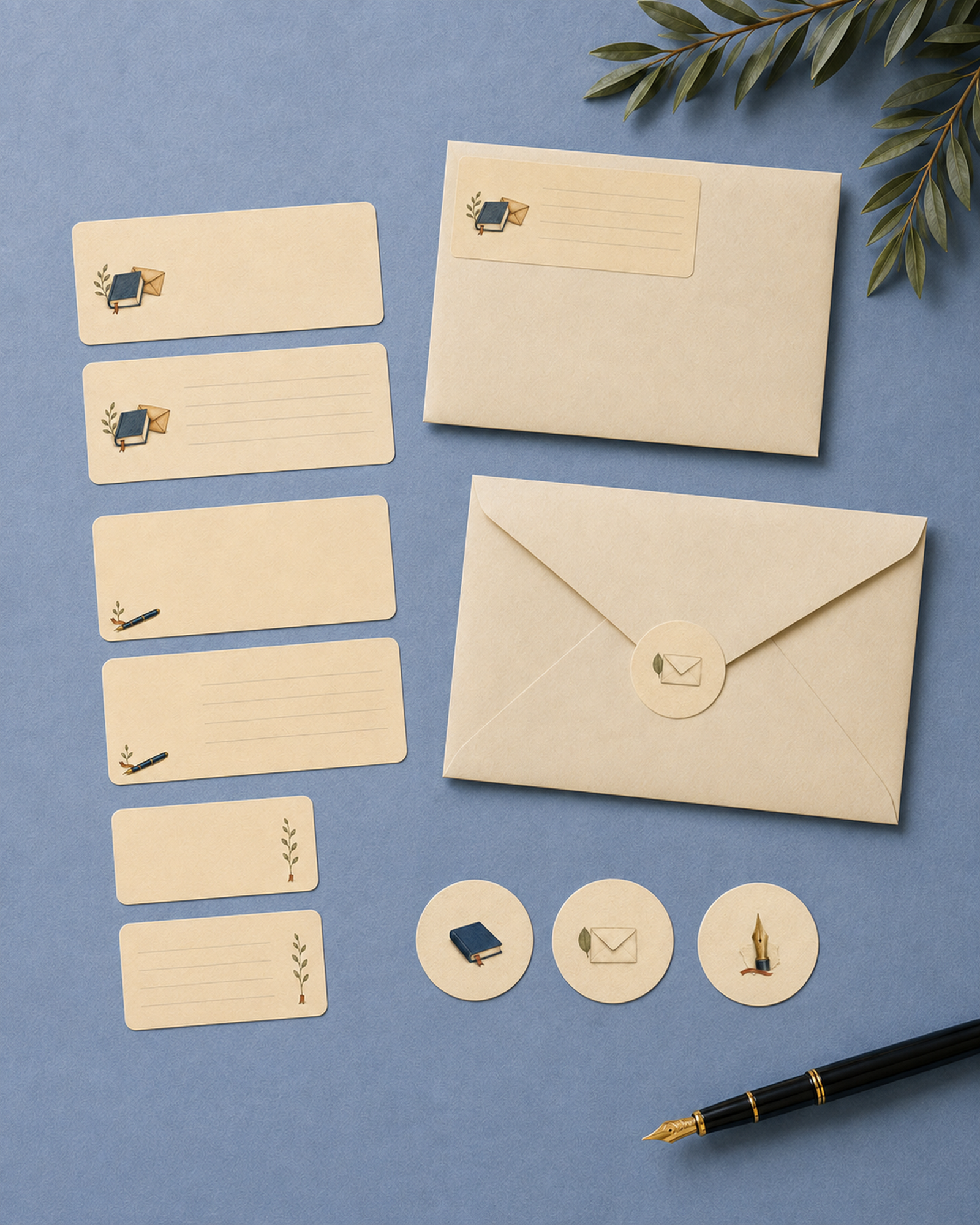 Three Quiet Correspondence return-address label designs with blank and ruled versions, plus three coordinating flat envelope seals.