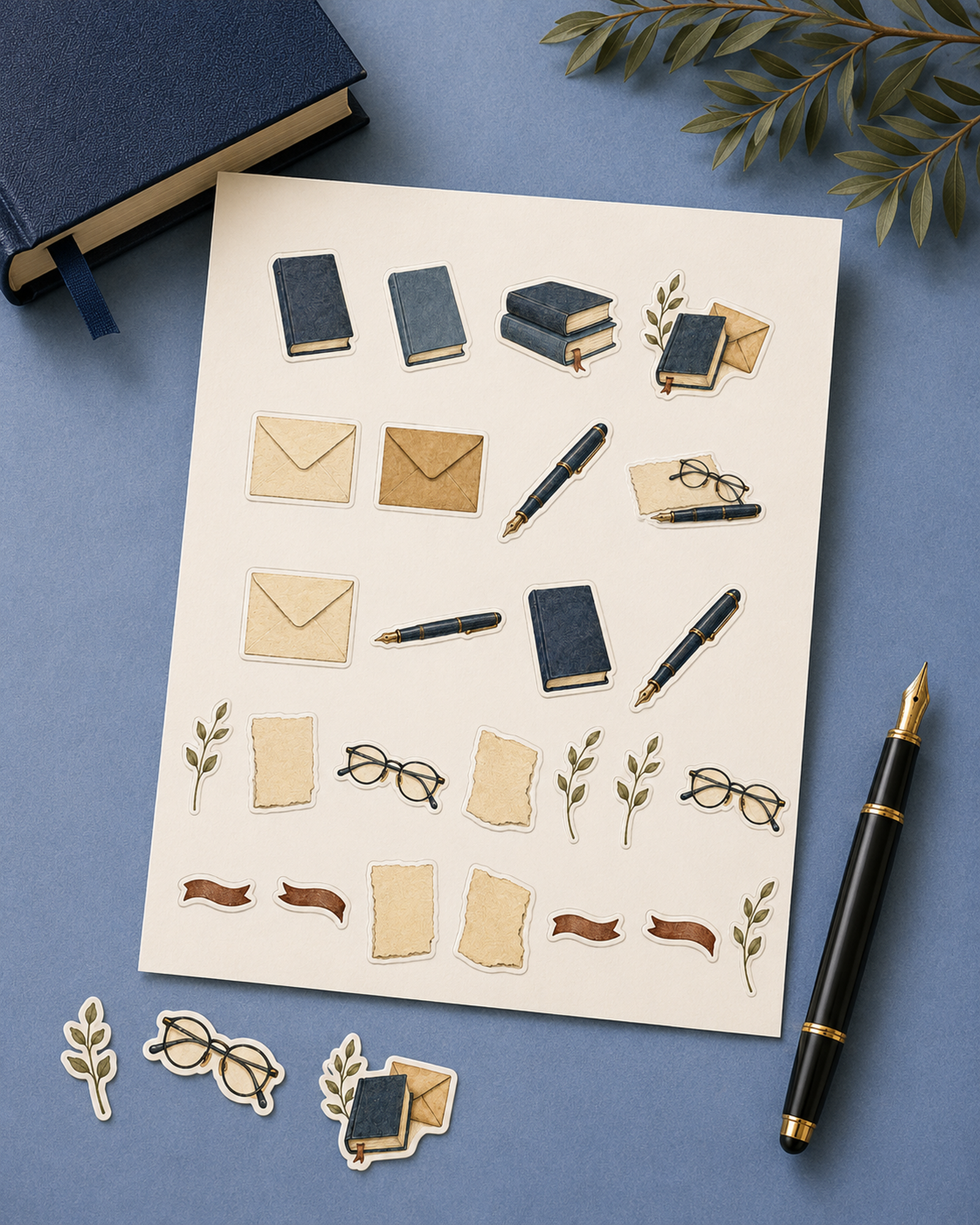 Portrait Quiet Correspondence decorative sticker sheet featuring 26 coordinated books, envelopes, fountain pens, botanicals, ribbons, glasses, and paper motifs.