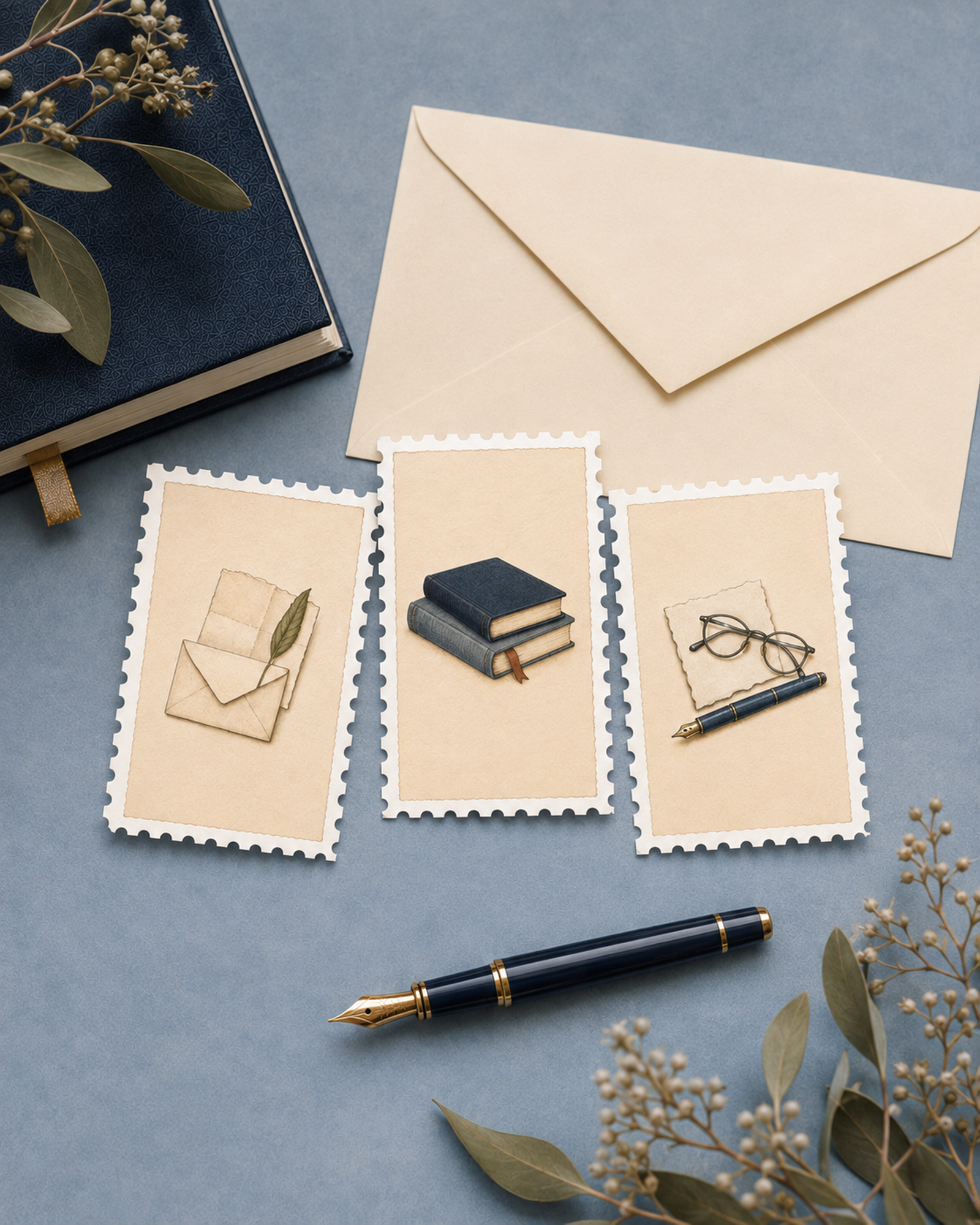 Three decorative Quiet Correspondence faux-postage designs featuring an old letter, clothbound books, and a writer’s desk detail.