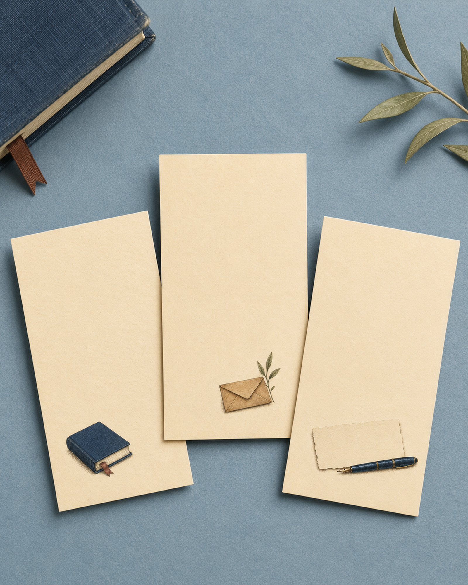 Three rectangular Quiet Correspondence correspondence tags featuring book and ribbon, envelope and leaf, and fountain pen with torn paper designs.