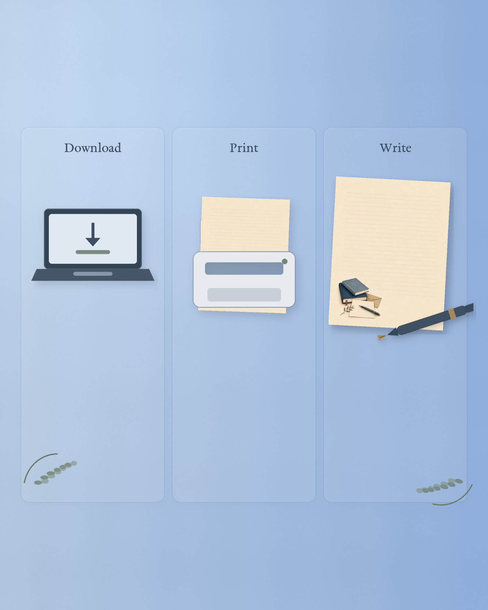 Three-step Quiet Correspondence process showing digital download, home printing, and writing on the finished stationery with a fountain pen.